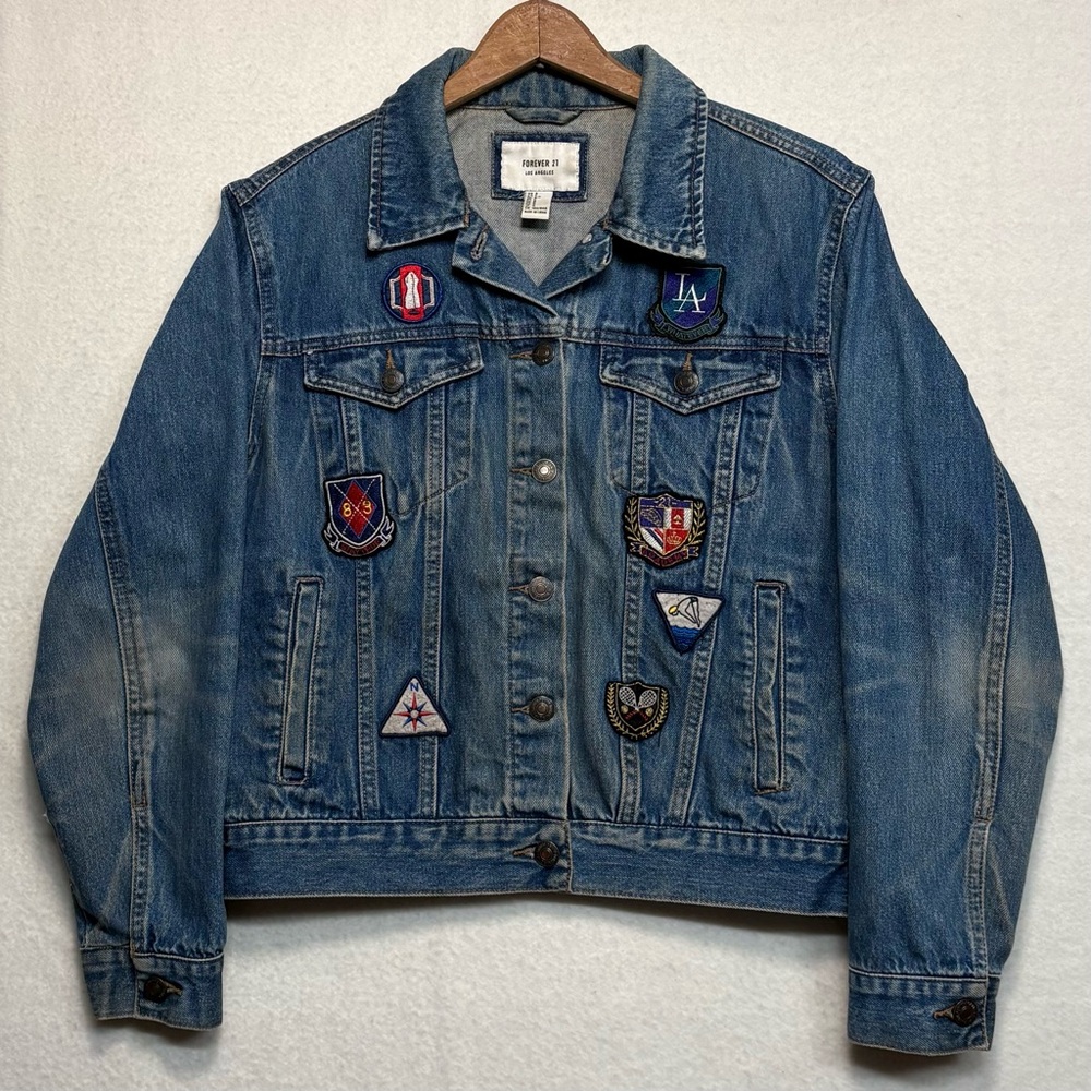Forever 21 Blue Denim Jacket Embroidered Emblem Patches, 90s Style Y2K Inspired